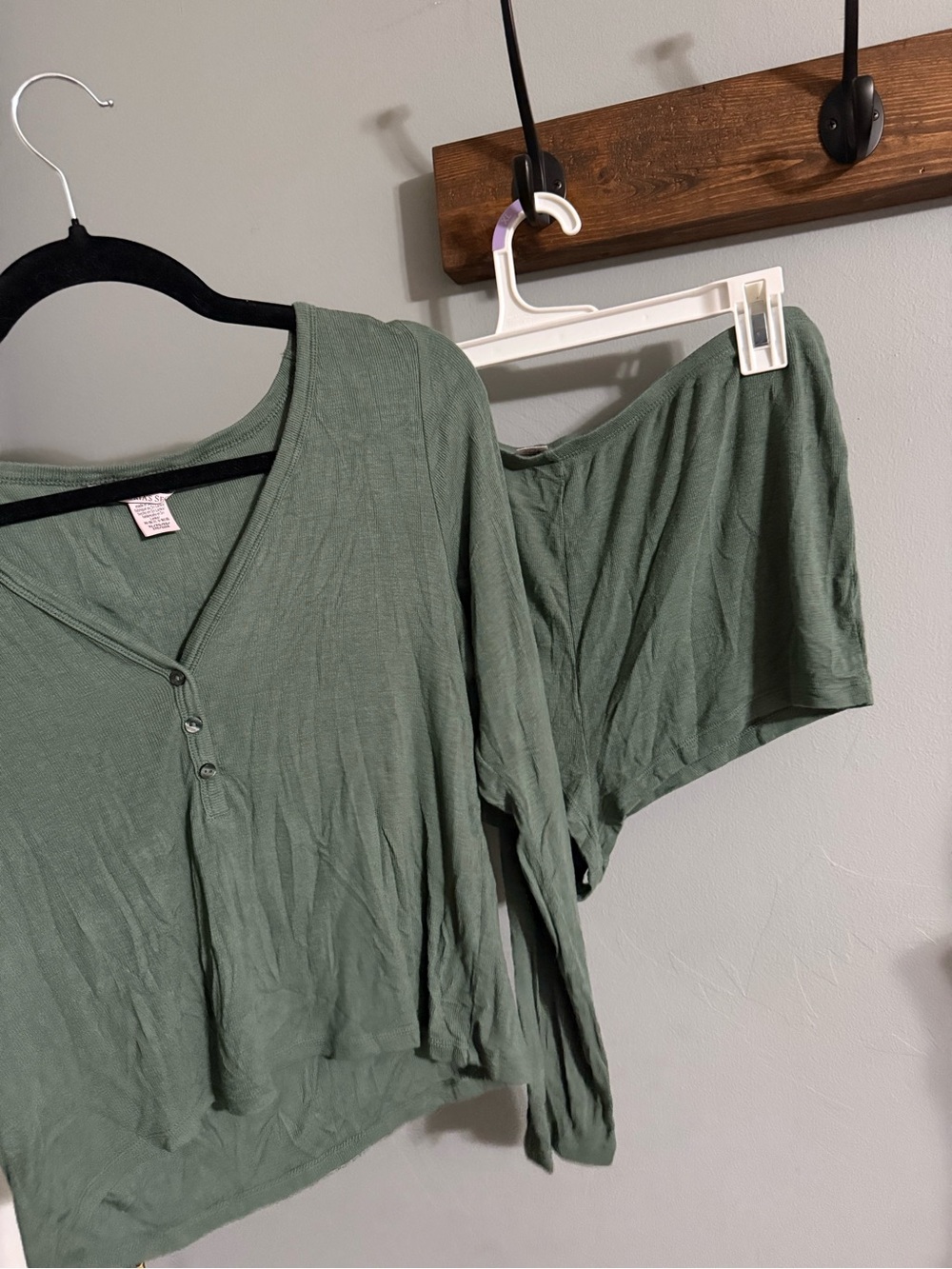 Women's Sage Green V-Neck Henley Top - Comfort Fit and short set from VS